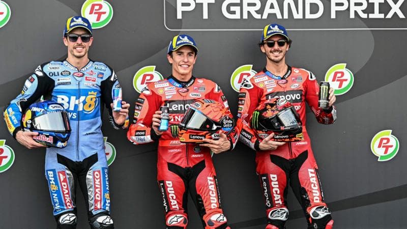 Da sinistra a destra: Alex Marquez, Marc Marquez e Francesco Bagnaia