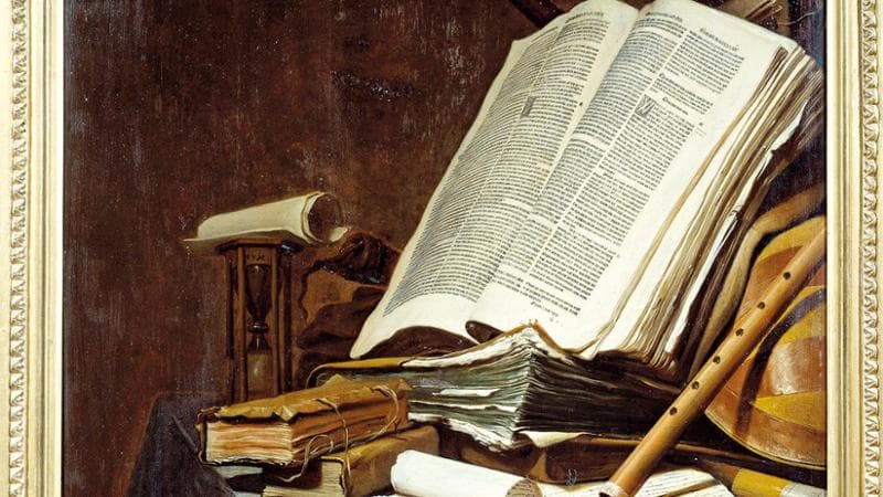 Libri e strumenti musicali di Jan Vermeulen (1638-74), olio su tela del XVII secolo, conservato al Museo delle Belle arti di Nantes, Francia.&nbsp;&copy;Photo Josse.
