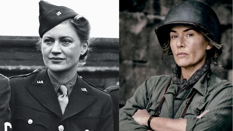 Lee Miller (1907-1977) e, a destra, Kate Winslet che la interpreta nel film Lee Miller, in sala dal 13 marzo distribuito da Vertice 360 (Prismatic Pictures  / Bridgeman Images / Kimberley French / Sky UK Ltd)