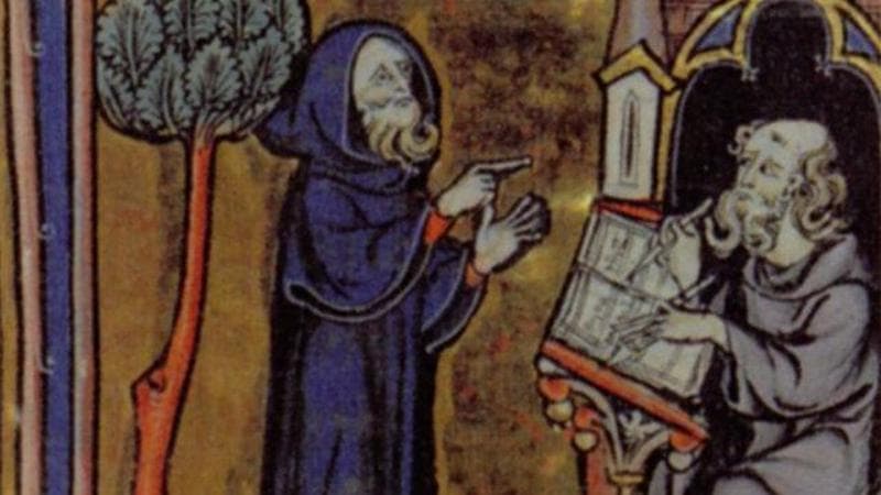 Merlino (a sinistra) in una miniatura del XIII secolo