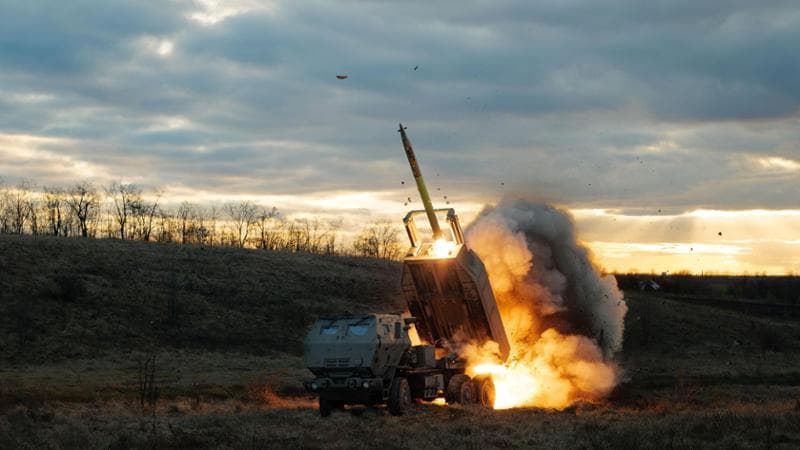 UNSPECIFIED, UKRAINE - DECEMBER 29: M142 HIMARS launches a rocket on Russian position on December 29, 2023 in Unspecified, Ukraine. M142 HIMARS proved to be a highly effective weapon, striking targets both on the front line and deep in the Russian rear. (Photo by Serhii Mykhalchuk/Global Images Ukraine via Getty Images)