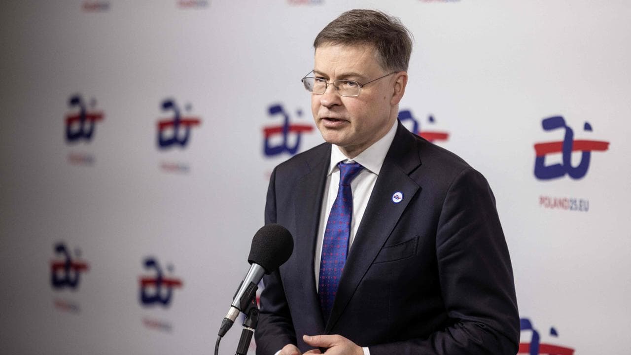 EU Commissioner for Economy and Productivity, Implementation and Simplification Valdis Dombrovskis delivers a doorstep statement before the Informal Meeting of EU Ministers for Economic and Financial Affairs and Central Bank Governors (ECOFIN) in Warsaw, Poland, on April 11, 2025. (Photo by Wojtek RADWANSKI / AFP)