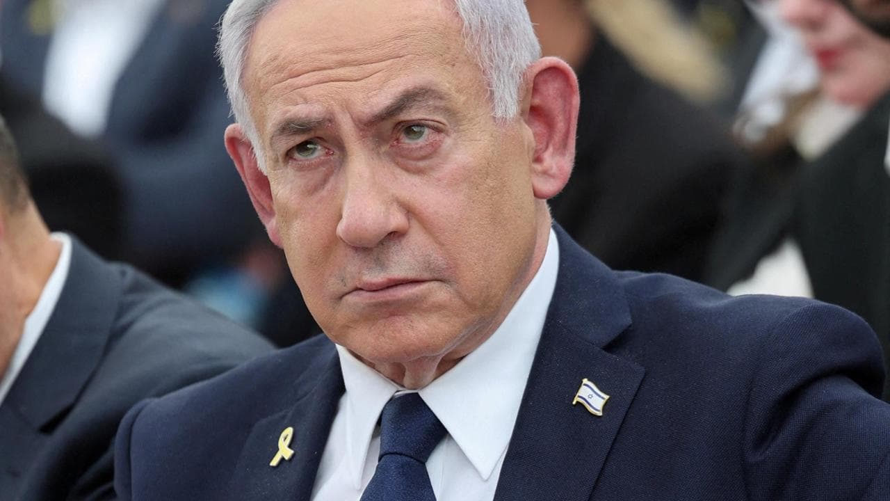 FILE PHOTO: Israeli Prime Minister Benjamin Netanyahu attends a ceremony for Israel's Memorial Day, a remembrance of fallen soldiers (Yom HaZikaron), at the Yad LaBanim Memorial in Jerusalem, April 29. 2025. Abir Sultan/Pool via REUTERS/File Photo