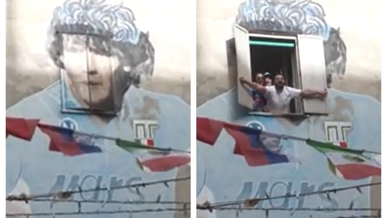 Napoli, tifosi al murale di Maradona: il coro parte dalla finestra con il volto di Diego