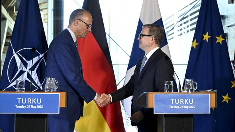 Turku (Finlandia), 27 maggio: il cancelliere tedesco Friedrich Merz e il premier finlandese Petteri Orpo