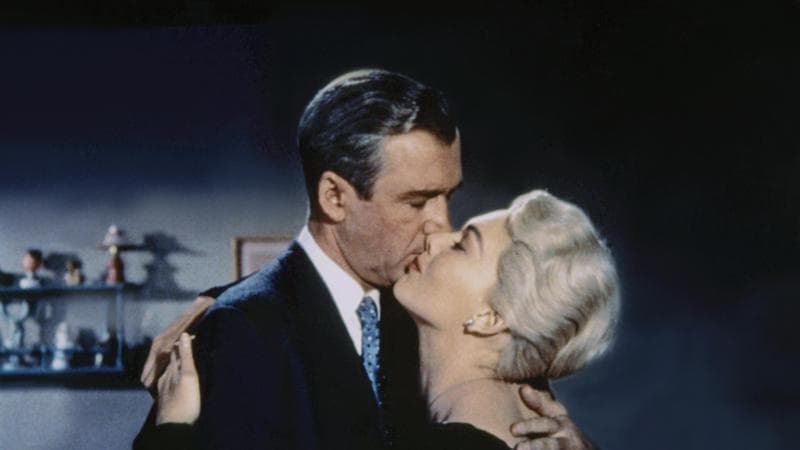 American actors James Stewart and Kim Novak on the set of Vertigo, directed and produced by British Alfred Hitchcok. (Photo by Sunset Boulevard/Corbis via Getty Images)