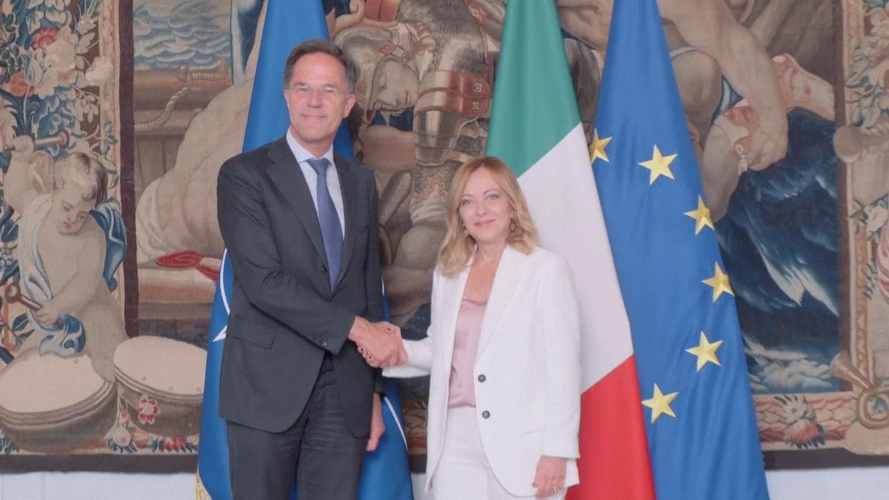 Roma, la presidente del Consiglio Meloni accoglie a Palazzo Chigi il segretario della Nato Rutte