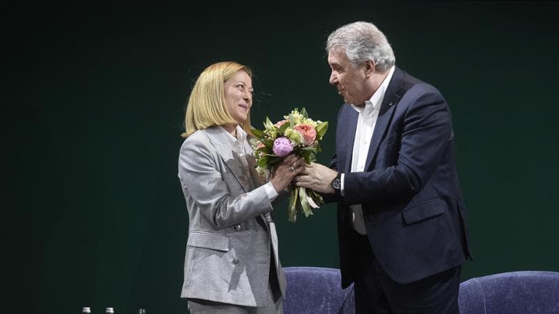 11 febbraio 2025: Giorgia Meloni e Luigi Sbarra all’assemblea Cisl; lei parla di «rispetto profondo», lui di «gratitudine». STEFANO CAROFEI / fotogramma / ipa