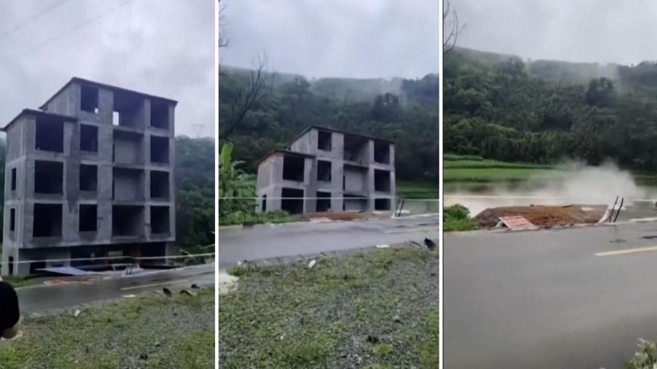 Cina: inondazioni e smottamenti, a Xinzhou il palazzo in costruzione crolla nel fiume