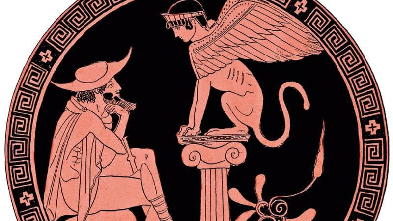 Coppa greca con&nbsp;Edipo che risponde alle domande della Sfinge (V sec.&nbsp;a.C.)

