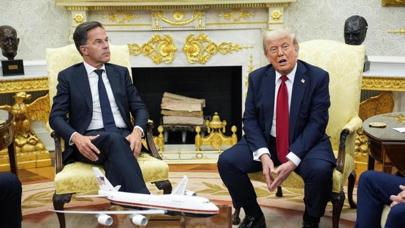 epa12237741 NATO Secretary General Mark Rutte (L) and US President Donald Trump speak during a meeting in the Oval Office of the White House in Washington, DC, USA, 14 July 2025.  EPA/YURI GRIPAS / POOL