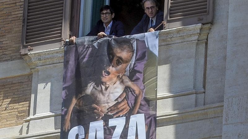 Roma Camera dei deputati Angelo Bonelli e Nicola Fratoianni di AVS espongono uno striscione sulla facciata di Montecitorio: l’ipocrisia uccide&nbsp;come&nbsp;la&nbsp;fame contro il genocidio di Gaza (ROMA - , <credi