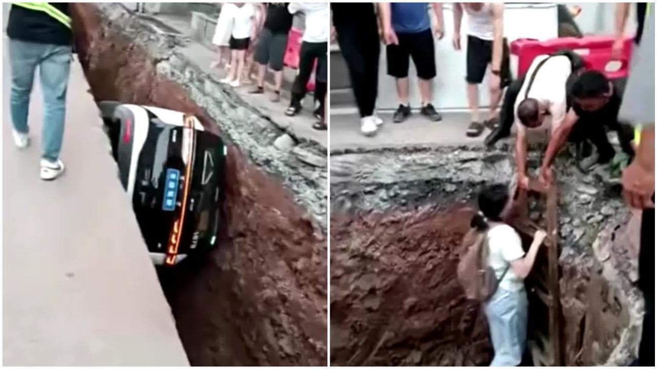 Cina, il robotaxi precipita nella voragine di un cantiere: la passeggera si salva così