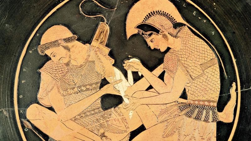CHT185964 Interior of an attic red figure kylix depicting Achilles Tending the Wounded Patrocles, from Vulci, c.500 BC (ceramic) by Sosias Painter (fl.c.510-500 BC); diam: 20 cm; Staatliche Museen, Berlin, Germany.