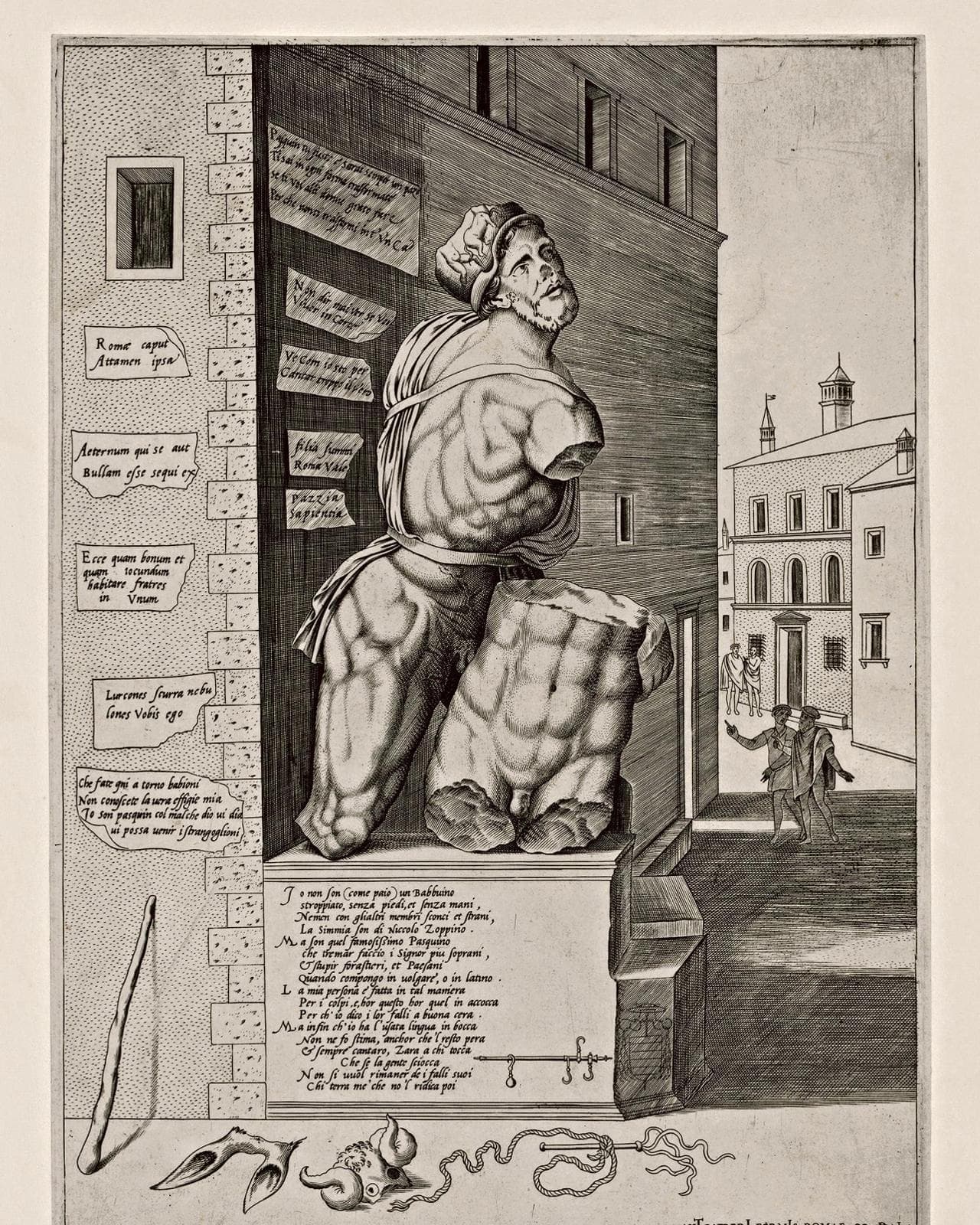 The statue Pasquino, standing on a pedestal in the Piazza di Pasquino in Rome, Italy, Antonio Lafreri, 1522-1577. (Photo by Sepia Times/Universal Images Group via Getty Images)
