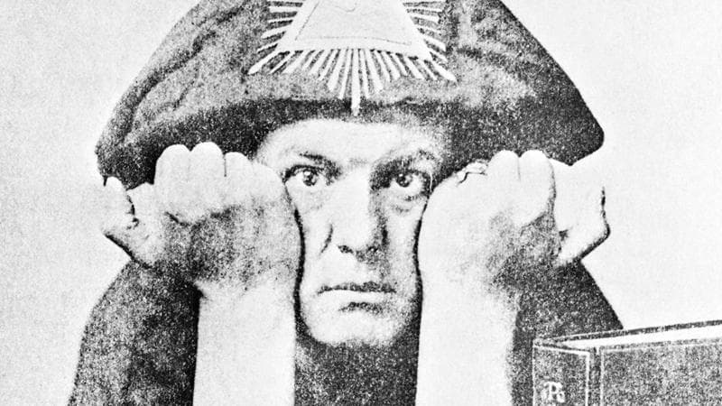 Occultist Aleister Crowley in Odd Hat, circa 1954. (Photo by UPI/Bettmann via Getty Images)