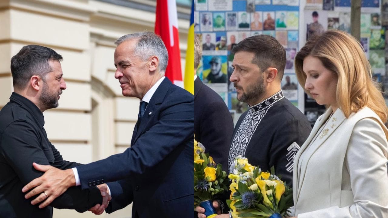 Giorno indipendenza Ucraina, Zelensky in abiti tradizionali con moglie e Carney omaggia Muro memoria