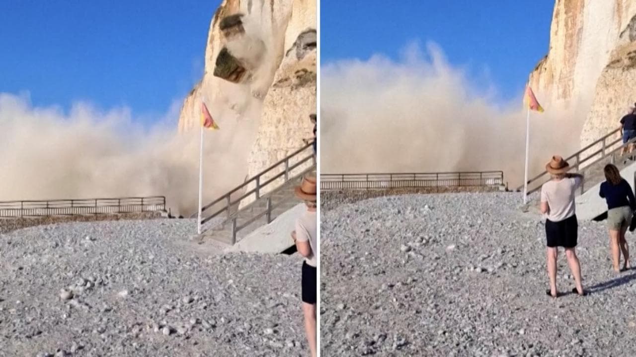 Normandia, crolla la scogliera a Saint-Martin-aux-Buneaux: turisti in fuga sulla spiaggia