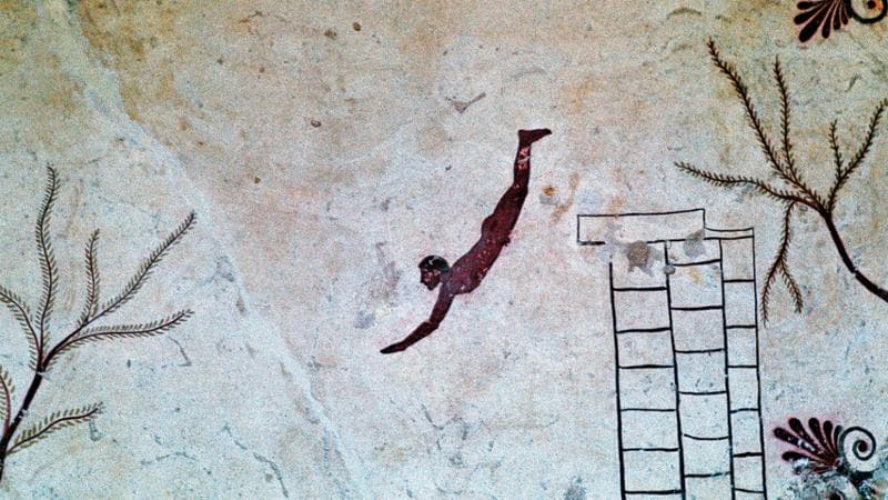 Wall painting from a Greek tomb at Paestum of a swimmer, which symbolises the afterlife, 8th century. (Photo by CM Dixon/Print Collector/Getty Images)