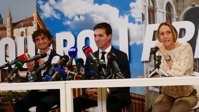 Francesco Acquaroli tra Arianna Meloni e Galeazzo Bignami