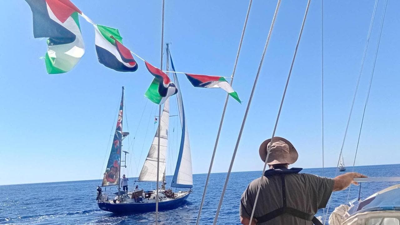 A handout image of the boat named Ahed Tamimi sailing in the waters off the island of Crete, which is to join the Global Sumud Flotilla that has come under drone attack while trying to deliver aid to Gaza and break Israel's naval blockade, as seen from the boat Vangelis Pissias, September 25, 2025. March To Gaza Greece/Handout via REUTERS    THIS IMAGE HAS BEEN SUPPLIED BY A THIRD PARTY