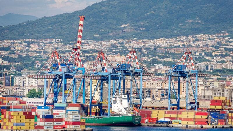 Naples, Napoli, Italy, Mediterranean Sea, Port of Naples, industrial lifting cranes and commercial port. (Photo by: Jeffrey Greenberg/Universal Images Group via Getty Images)