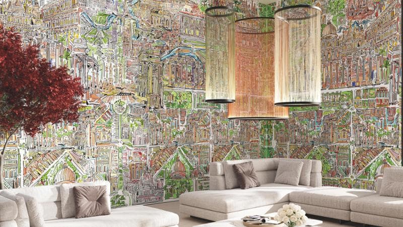 Megalopolis di Jacopo Ascari per Zambaiti Parati: visioni urbane oniriche trasformano lo spazio domestico in un racconto illustrato di citt&agrave; immaginate e future
