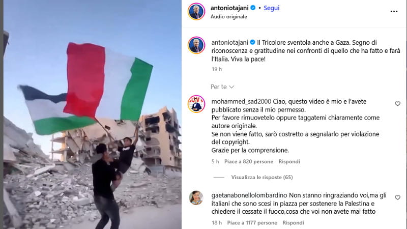 Tajani posta video da Gaza con il tricolore: “Riconoscenza all’Italia”. Ma è per chi ha manifestato