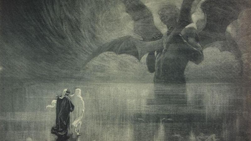 Dante e Virgilio davanti a Lucifero nel XXXIV canto dell’Inferno nella Divina Commedia illustrata da artisti italiani a cura di Vittorio Alinari