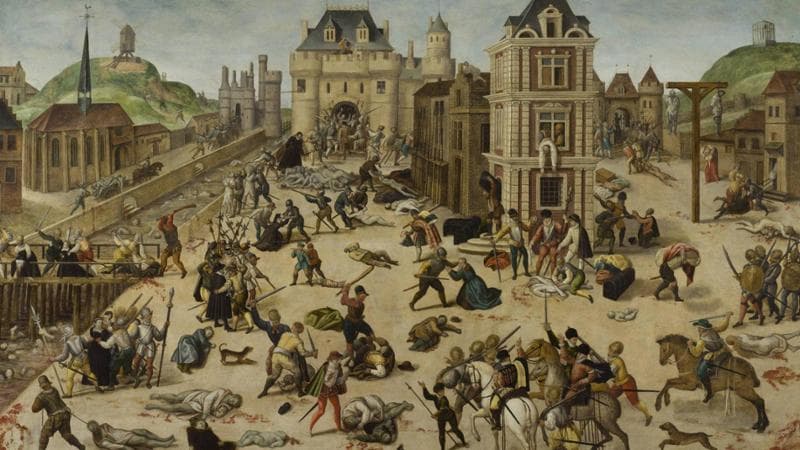 Il Massacro di San Bartolomeo, di François Dubois, dipinto tra il 1572 e il 1584, olio su legno, esposto al Musée cantonal des Beaux-Arts di Losanna. A sinistra si riconosce la chiesa del convento des Grands-Augustins (oggi scomparso), dal cui campanile suonò la campana che dette il via alla strage, la Senna e il pont des Meuniers. Al centro il Louvre e Caterina de Medici, la vedova nera, considerata la prima istigatrice del massacro.