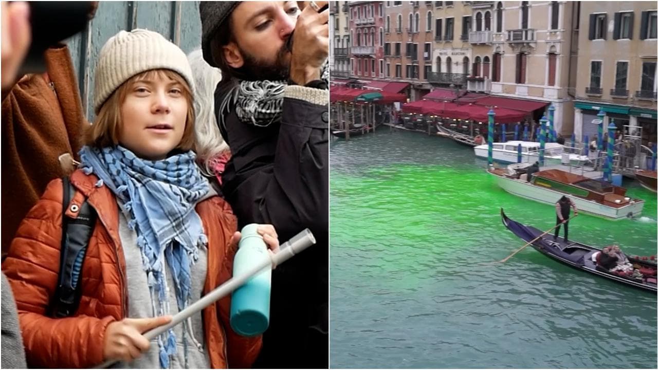 Venezia, blitz di Extinction Rebellion e Greta Thunberg: il Canal Grande si colora di verde