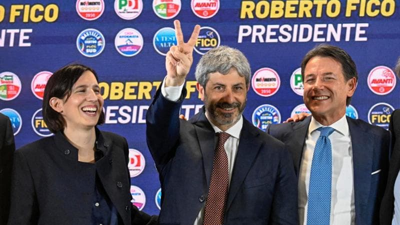 Elly Schlein segretaria del Partito Democratico , Roberto Fico Campania, presidente Regione , il leader del Movimento 5stelle Giuseppe Conte&nbsp;
