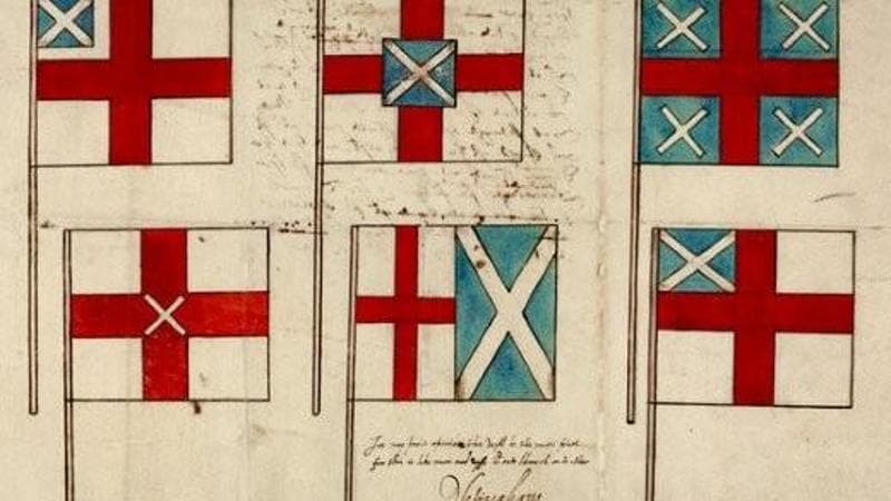 Bozze della Union Jack per integrare in un’unica bandiera i vessilli di Inghilterra e Scozia. È visibile la firma del Conte di Nottingham, 1604 circa. Autore sconosciuto. Fonte: https://www.radiotimes.com/episode/qjh42/shakespeares-restless-world--series-1---15-the-flag-that-failed