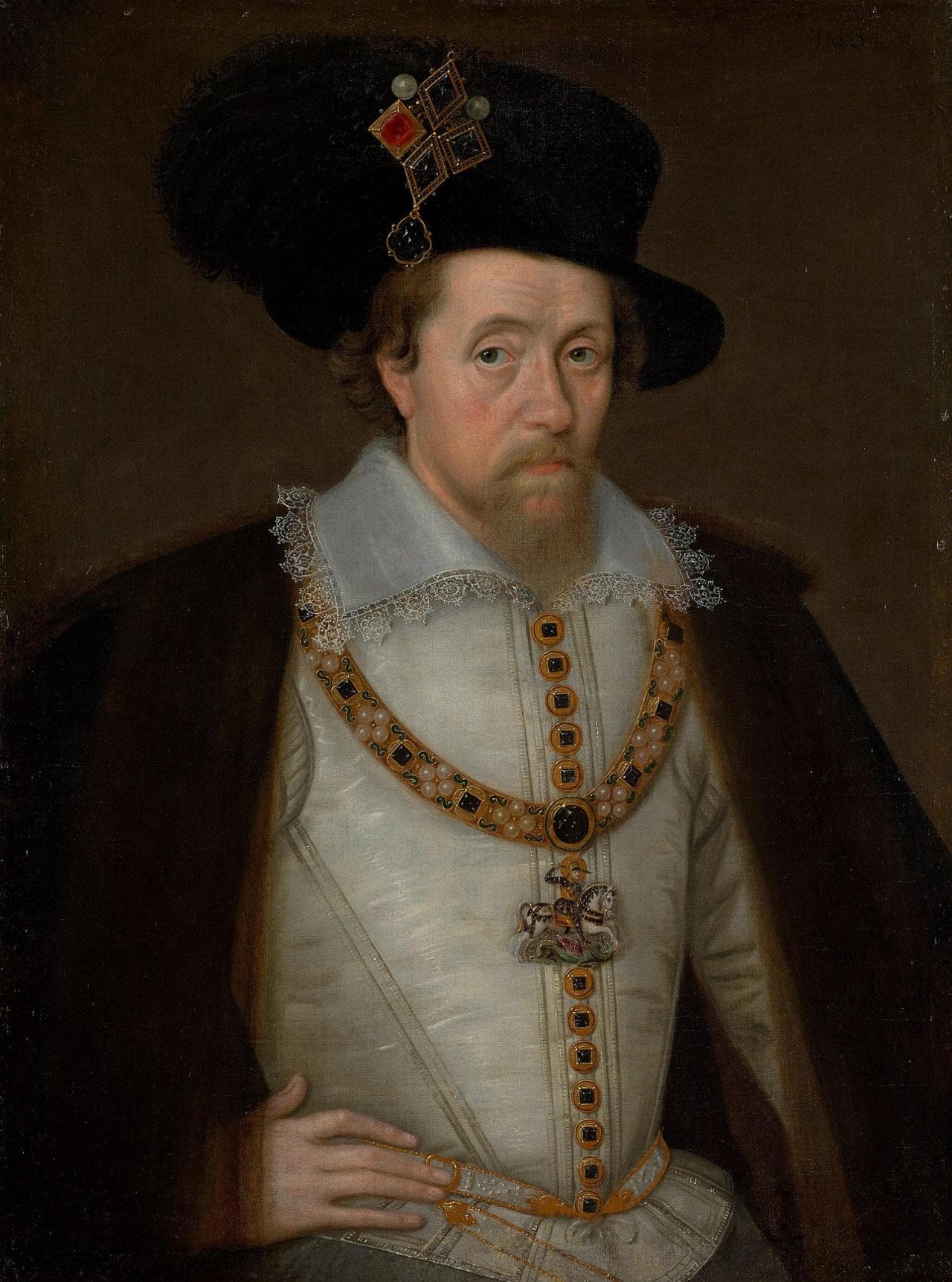 Giacomo VI e I, 1566-1625, Re di Scozia, 1567-1625 Re d’Inghilterra e Irlanda, olio su tela di John De Critz, 1604, collezione delle National Galleries Scotland