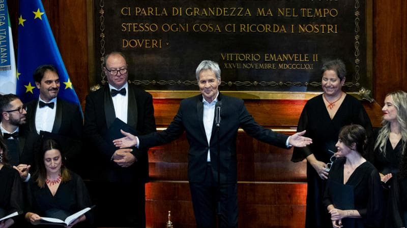 Il cantautore Claudio Baglioni, durante il concerto di Natale all’interno del Senato. Roma, 21 dicembre 2025. 
ANSA/MASSIMO PERCOSSI