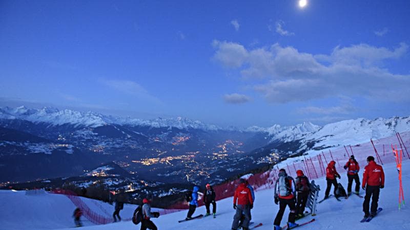 CRANS MONTANA, SWITZERLAND - FEBRUARY 22: Trainers inspect the course during the Audi FIS Alpine Ski World Cup Women's Downhill Training on February 22, 2019 in Crans Montana Switzerland. (Photo by Michel Cottin/Agence Zoom/Getty Images)
