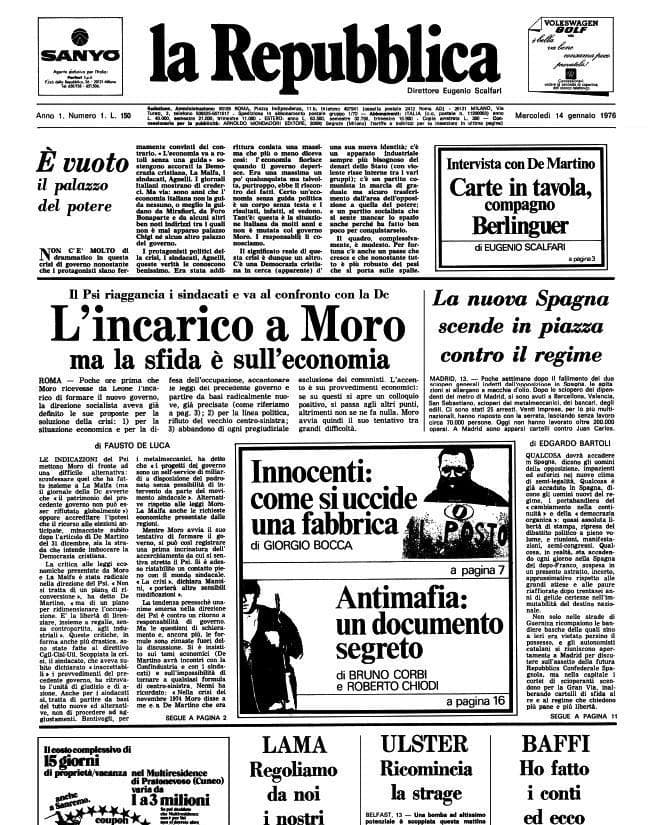 Il primo numero de "la Repubblica" esce in edicola il 14 gennaio 1976. Già il formato è una novità: tabloid, molto più piccolo di quello usuale degli altri quotidiani, più maneggevole
