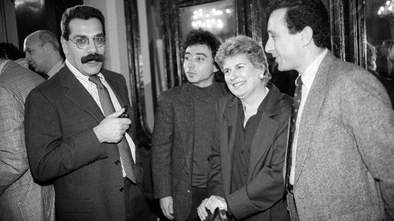 13/02/1996 Roma, Grand Hotel, festa per i venti anni de La Repubblica nella foto Giuseppe D'Avanzo, Federico Geremicca, Sandra Bonsanti e Antonio Polito