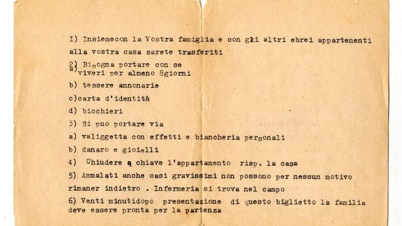 Il biglietto che veniva presentato alle famiglie ebree dai soldati tedeschi durante il rastrellamento
