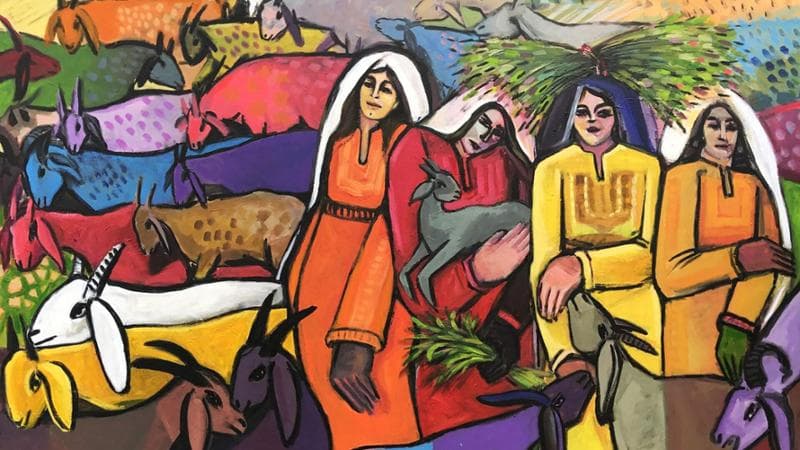 Mohammed Al-Hawajri, "Return from the pastures", acrilico su tela, 2021