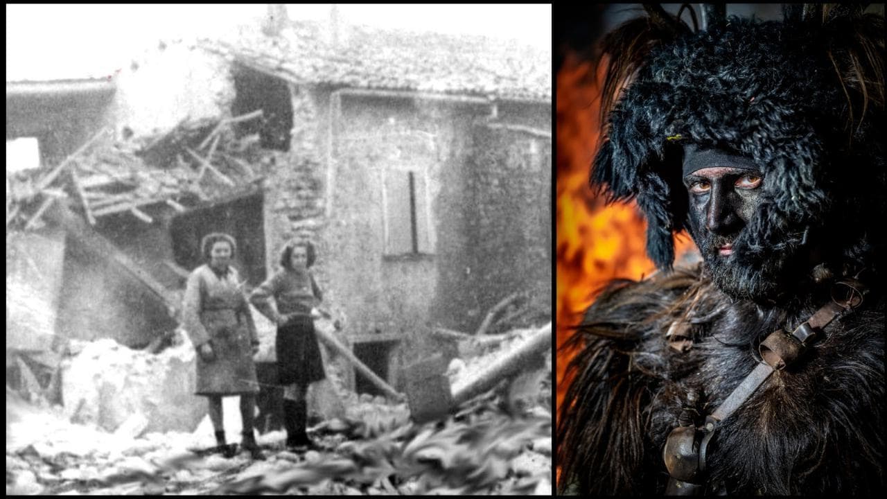 L'antico rito del carnevale nel paese raso al suolo per un film di guerra