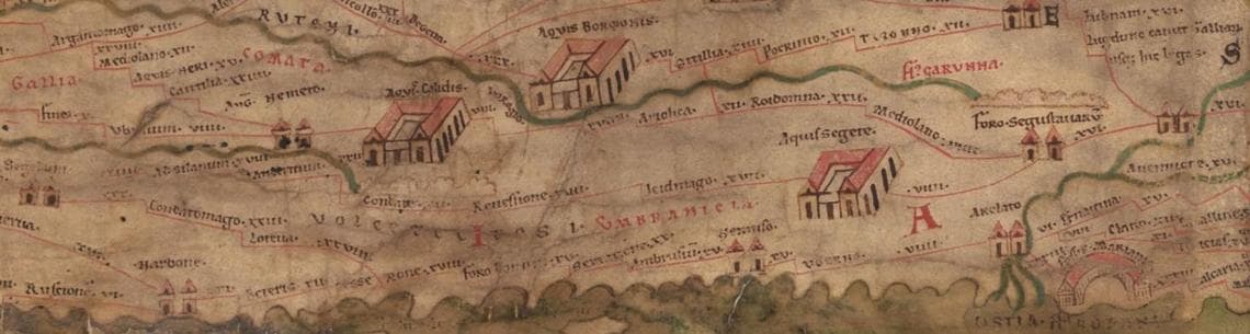 Dettaglio della Tabula Peutingeriana di Peutinger (Gallia centro-meridionale), conservata alla Biblioteca nazionale austriaca, XII secolo. Autore: Konrad Peutinger (1465-1547). Fonte