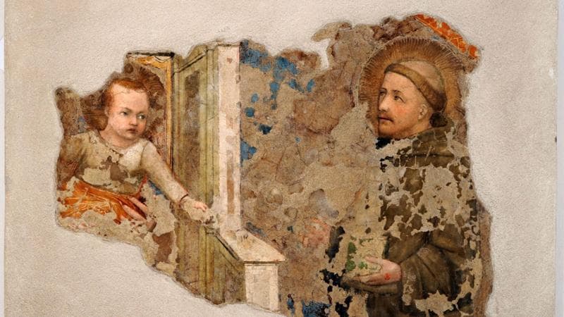 Puccio Capanna (discepolo di Giotto), "Madonna col Bambino e San Francesco", affresco staccato, Assisi, Pinacoteca Comunale di Assisi