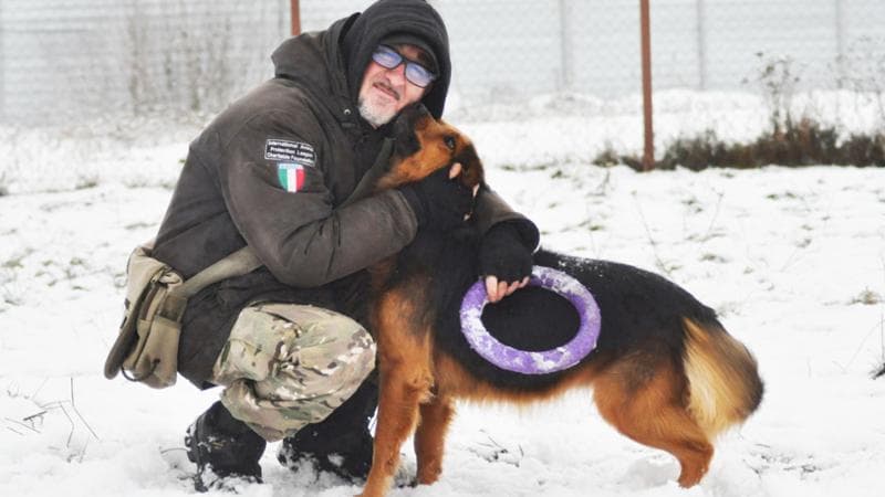 Andrea Cisternino con alcuni animali salvati dalla guerra in Ucraina.