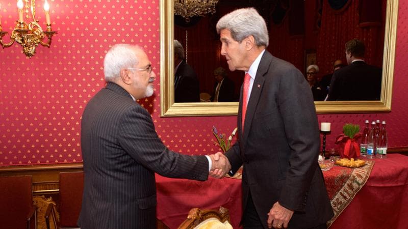 March 20, 2015 - Lausanne, Switzerland - U.S. Secretary of State John Kerry Iranian Foreign Minister Javad Zarif as they resume negotiations on Iran's nuclear program March 20, 2015 in Lausanne, Switzerland. (Credit Image: © Glen Johnson/Planet Pix via ZUMA Wire)