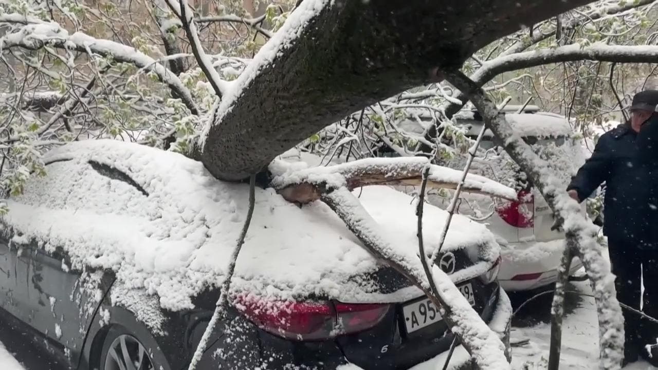 Bufera di neve fuori stagione a Mosca: alberi caduti sulle auto e strade bloccate nella capitale