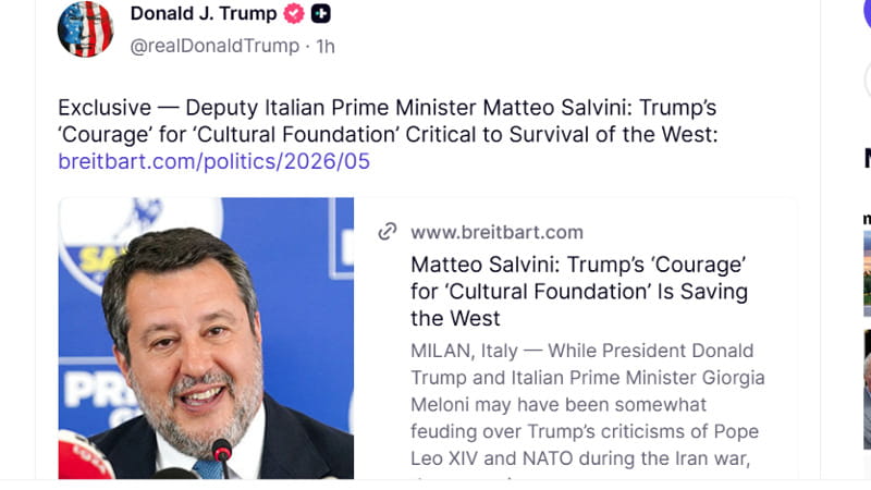 Anteprima: Trump rilancia intervista di Salvini a Breitbart prima del viaggio di Rubio in Italia