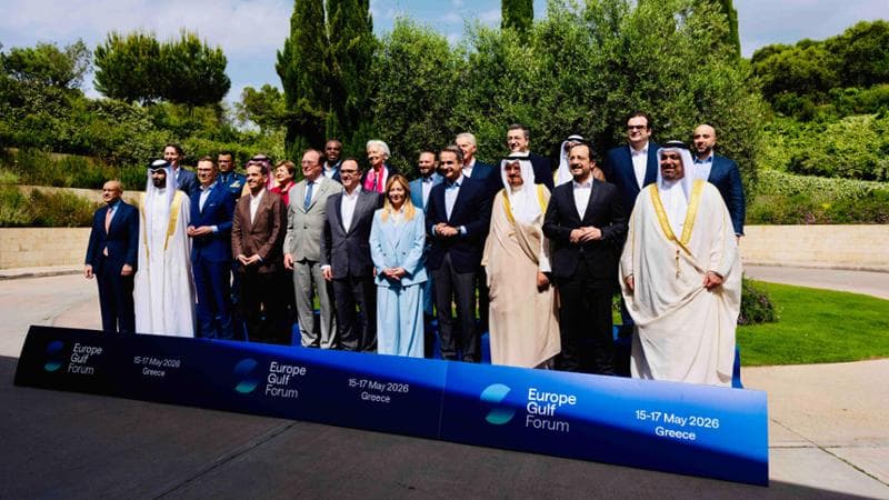 La premier Giorgia Meloni all'Europe Gulf Forum in Grecia