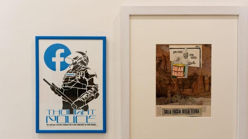 Un'opera di Hogre (a sinistra) e una di Pinotti accostate alla galleria Bianco Contemporaneo di Roma per "Identikit"