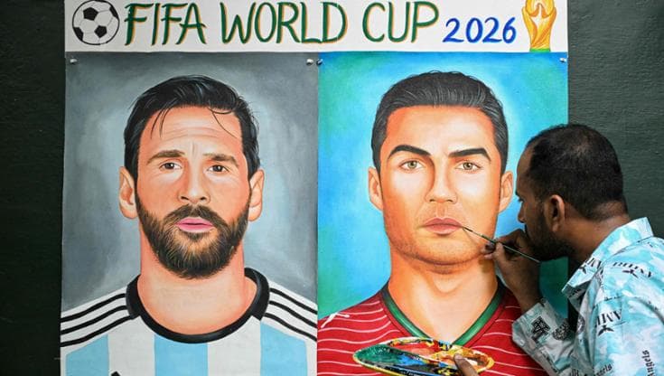 Un dipinto che raffigura Messi e Cristiano Ronaldo